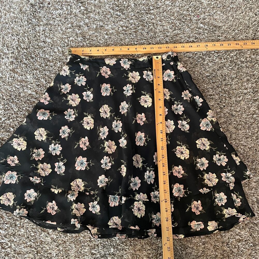 Y2K Mini Skirt Medium Black Pink Floral Flirty Asymmetrical Chiffon Feminine - Picture 12 of 13